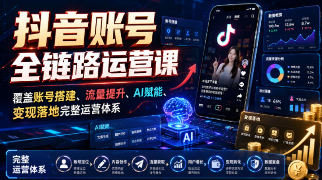 抖音账号全链路运营课，覆盖账号搭建、流量提升、AI赋能、变现落地完整运营体系-佰因轻创网