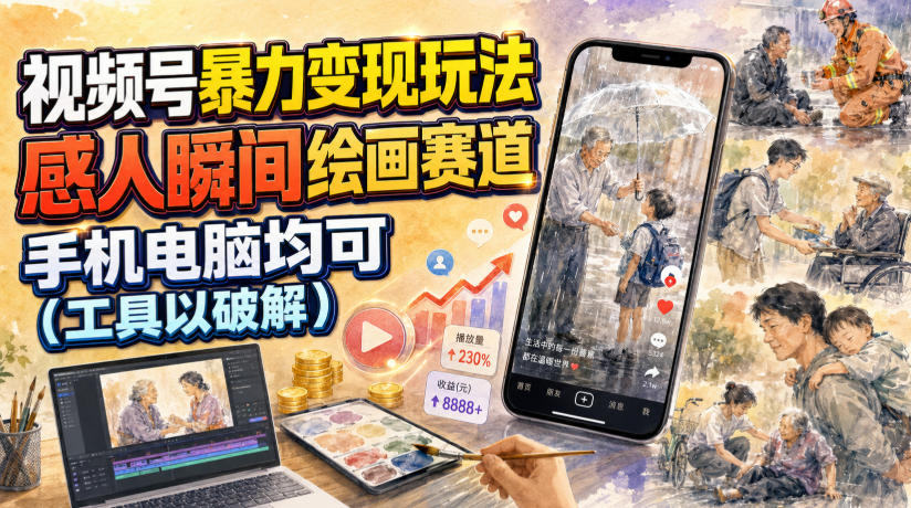 视频号暴力变现玩法，感人瞬间绘画赛道，手机电脑均可-佰因轻创网