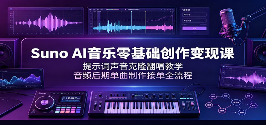 Suno AI音乐零基础创作变现课：提示词声音克隆翻唱教学，音频后期单曲制作接单全流程-佰因轻创网