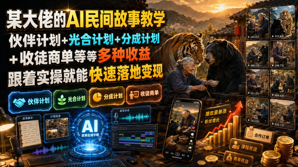 某大佬的AI民间故事教学，伙伴计划+光合计划+分成计划+收徒商单等多种收益，跟着实操就能快速落地变现-佰因轻创网