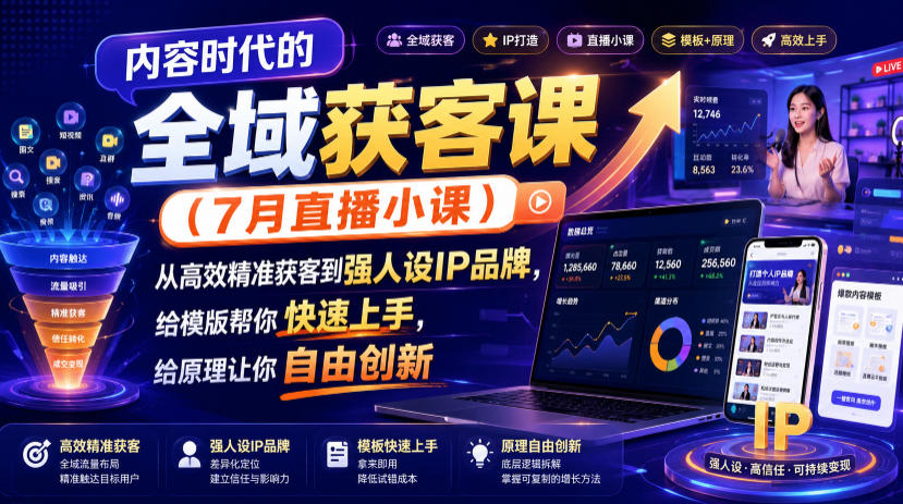 内容时代的全域获客课(7月直播小课),从高效精准获客到强人设IP品牌,给模版帮你快速上手,给原理让你自由创新-佰因轻创网
