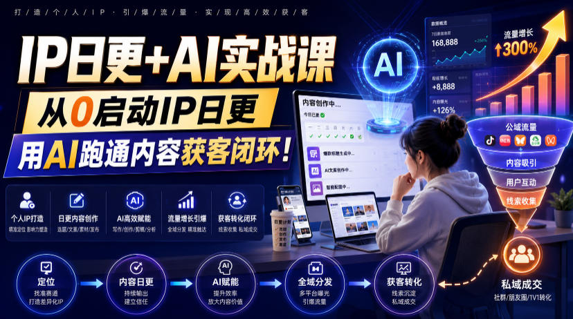 IP日更+AI实战课，从0启动IP日更，IP置顶视频制作+100条选题库搭建+10条日更规划，用AI跑通内容获客闭环!-佰因轻创网