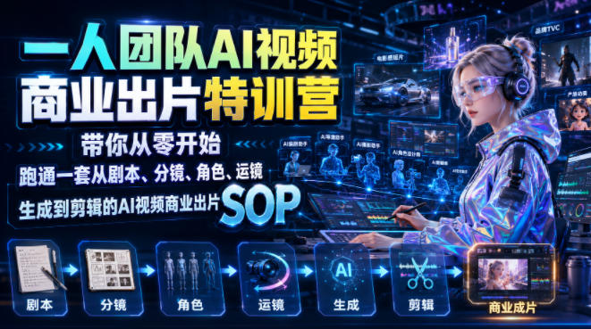 一人团队AI视频商业出片实战课：带你从零开始跑通一套从剧本、分镜、角色、运镜、生成到剪辑的AI视频商业出片SOP-佰因轻创网