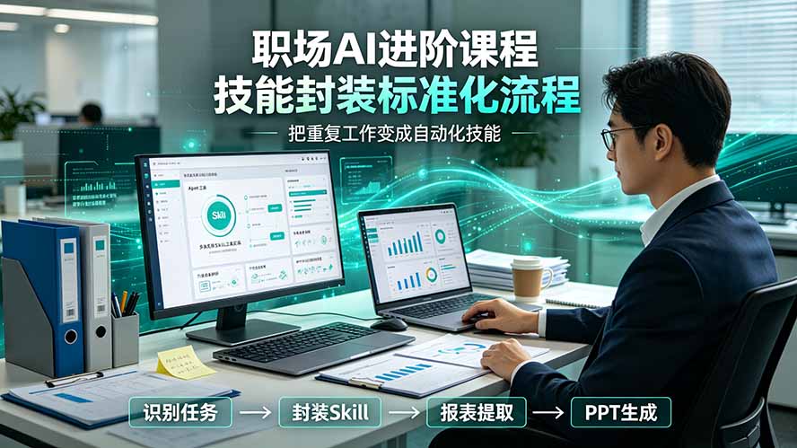 职场AI进阶课程；多类实用Skill工具实操，专属技能封装标准化流程，报表行业报告一键提取核心内容-佰因轻创网