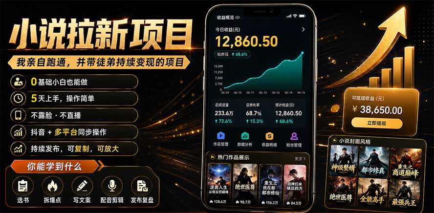 抖音及多平台小说拉新项目：我亲自跑通并持续带徒弟实操｜0基础小白5天上手快速变现-佰因轻创网