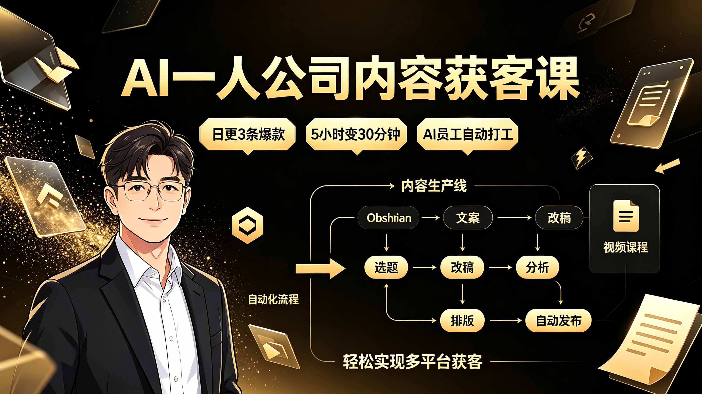 AI一人公司内容获客课：日更3条爆款×5小时变30分钟×AI员工自动打工，轻松实现多平台获客-佰因轻创网