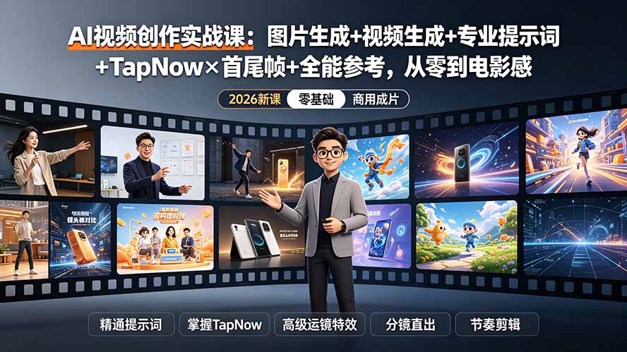 AI视频创作实战课：图片生成+视频生成+专业提示词+TapNow×首尾帧+全能参考，从零到电影感成片-佰因轻创网