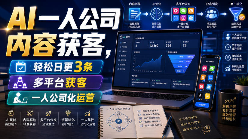 AI一人公司内容获客,轻松日更3条,多平台获客,一人公司化运营-佰因轻创网