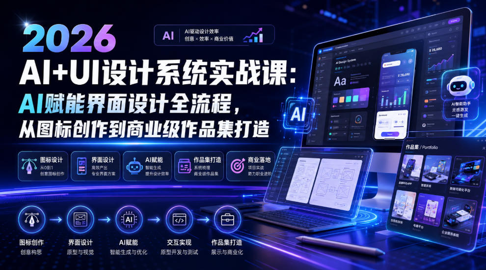 2026 AI+UI设计系统实战课：AI赋能界面设计全流程，从图标创作到商业级作品集打造-佰因轻创网