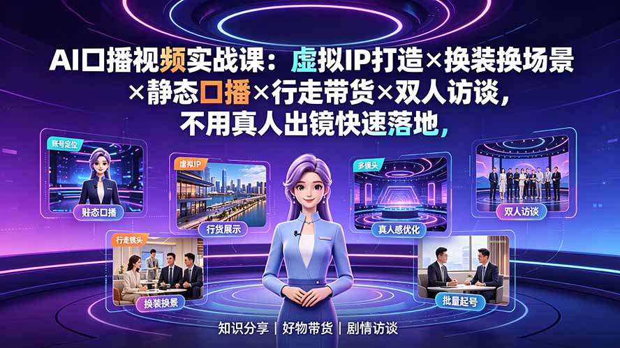 AI口播视频实战课：虚拟IP打造×换装换场景×静态口播×行走带货×双人访谈，不用真人出镜快速落地-佰因轻创网