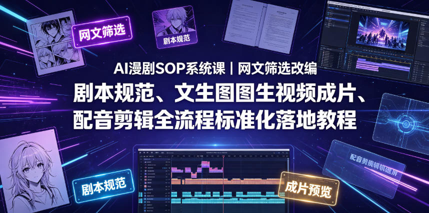 AI漫剧SOP系统课|网文筛选改编、剧本规范、文生图图生视频成片、配音剪辑全流程标准化落地教程(更新)-佰因轻创网