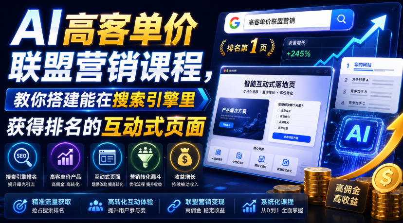 AI高客单价联盟营销课程，教你搭建能在搜索引擎里获得排名的互动式页面，引来流量，把访客转化为高佣金的成交【原创双语字幕】-佰因轻创网