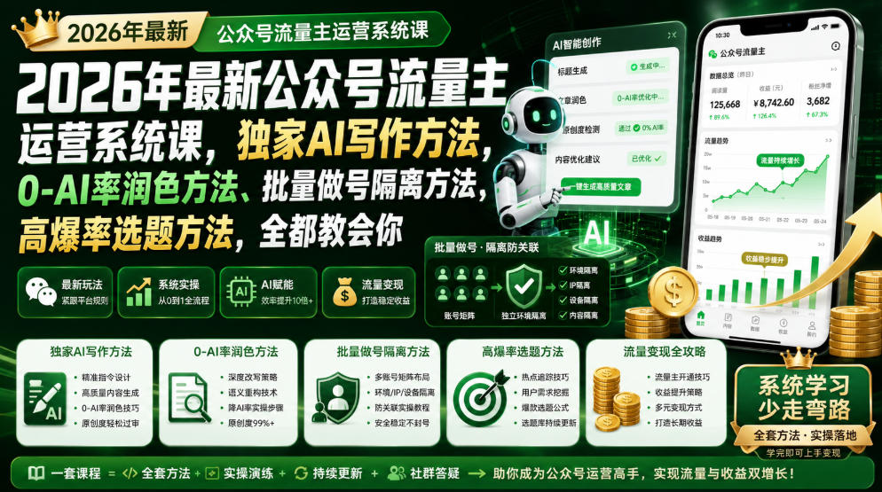2026年最新公众号流量主运营系统课，独家AI写作方法，0-AI率润色方法、批量做号隔离方法、高爆率选题方法，全都教会你-佰因轻创网