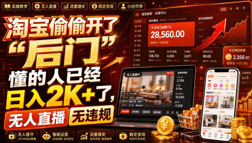 淘宝偷偷开了“后门”，懂的人已经日入2K+了，无人直播无违规，一台电脑=一家24小时营业的线上门店【揭秘】-佰因轻创网