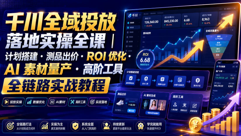 千川全域投放落地实操全课|计划搭建・测品出价・ROI优化・AI素材量产・高阶工具全链路实战教程-佰因轻创网
