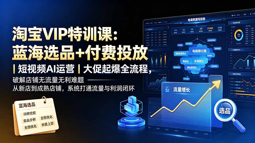 淘宝VIP特训课：蓝海选品+付费投放｜短视频AI运营｜大促起爆全流程，破解店铺无流量无利润难题-佰因轻创网