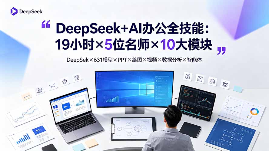 DeepSeek+AI办公全技能：19小时×5位名师×10大模块，DeepSeek×631模型×PPT×绘图×视频×数据分析×智能体-佰因轻创网