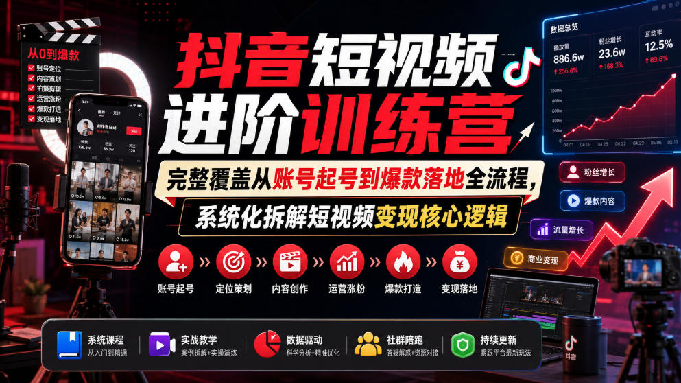 抖音短视频进阶训练营，完整覆盖从账号起号到爆款落地全流程，系统化拆解短视频变现核心逻辑-佰因轻创网
