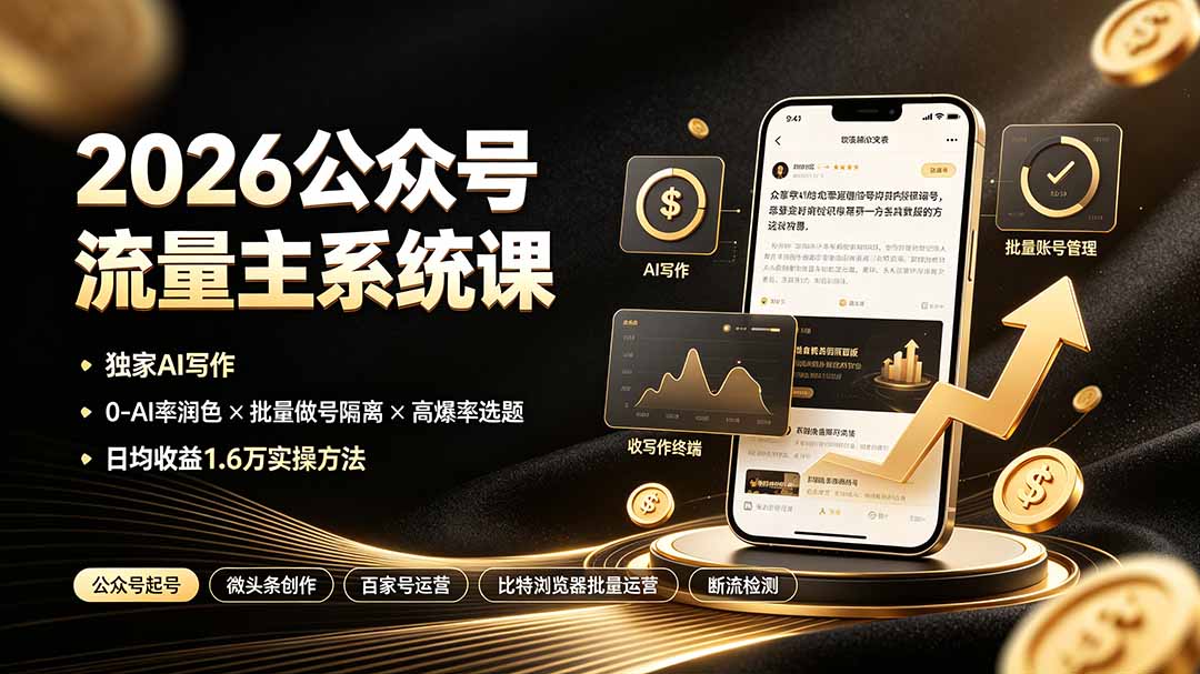 2026公众号流量主系统课：独家AI写作×0-AI率润色×批量做号隔离×高爆率选题，日均收益1.6万实操方法-佰因轻创网