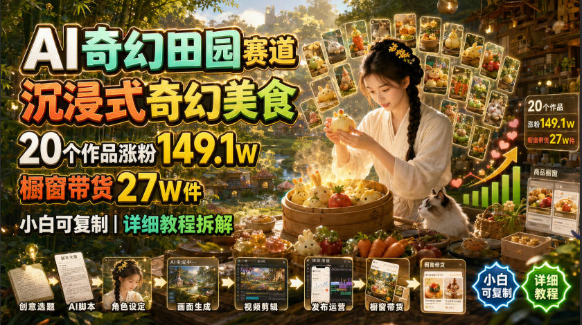 AI奇幻田园赛道，沉浸式奇幻美食，20个作品涨粉149.1W，橱窗带货27W件，小白可复制，详细教程拆解-佰因轻创网
