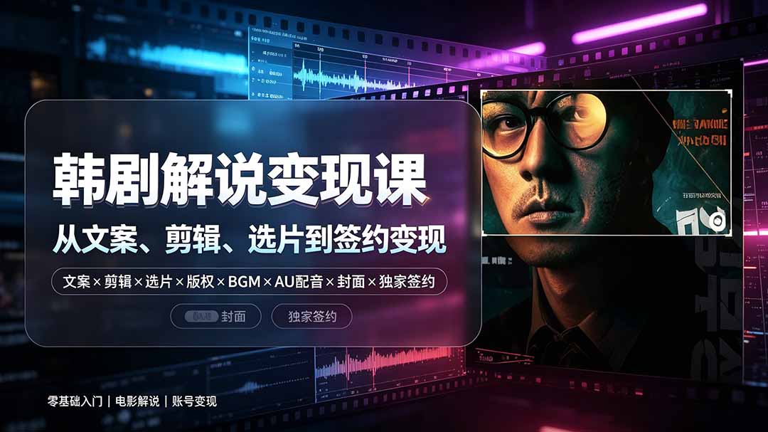 抖音270W粉丝博主亲授韩剧解说课：文案×剪辑×选片×版权×BGM×AU配音×封面×独家签约，零基础到变现-佰因轻创网