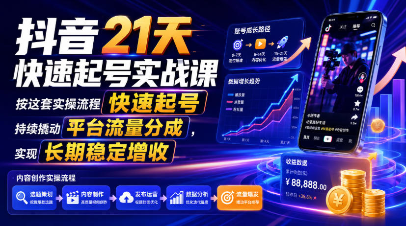 抖音21天快速起号实战课，按这套实操流程快速起号，持续撬动平台流量分成，实现长期稳定增收-佰因轻创网