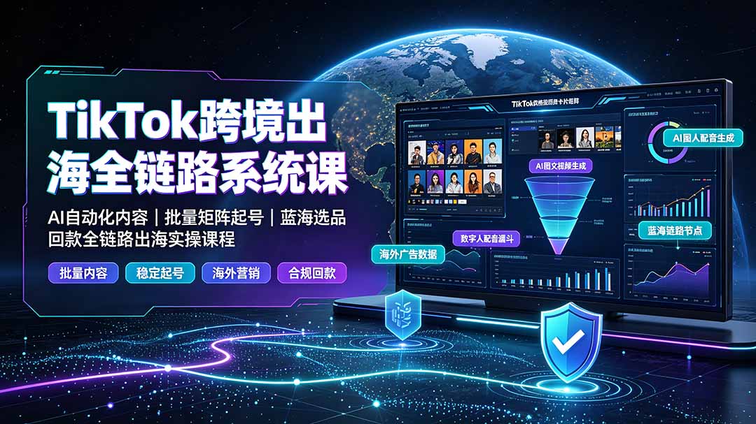 TikTok跨境出海全链路系统课-2026年7月：AI自动化内容｜批量矩阵起号｜蓝海选品回款全链路出海实操课程-佰因轻创网