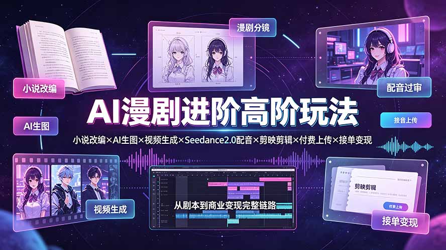 AI漫剧进阶高阶玩法:小说改编×AI生图×视频生成×Seedance2.0配音×剪映剪辑×付费上传×接单变现-佰因轻创网