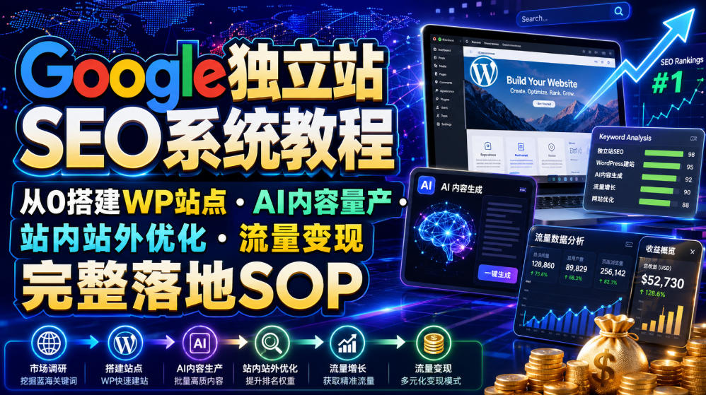 Google独立站SEO系统教程，从0搭建WP站点・AI内容量产・站内站外优化・流量变现完整落地SOP(2026年7月)-佰因轻创网