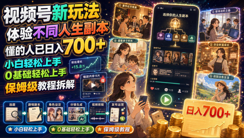 视频号新玩法体验不同人生副本，懂的人已日入700+，小白轻松上手，0基础轻松上手，保姆级教程拆解-佰因轻创网