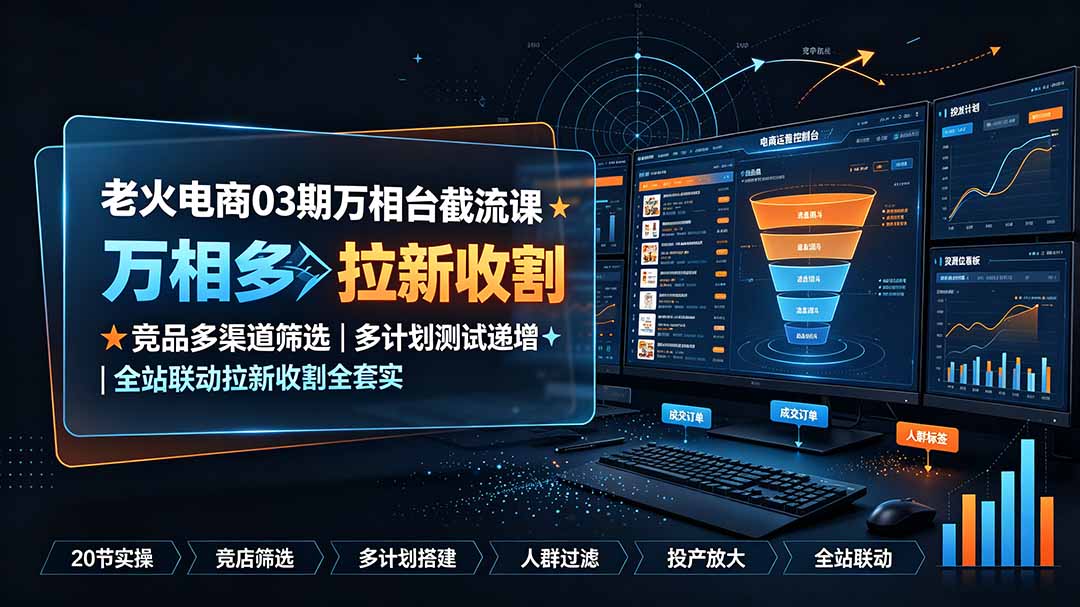 老火电商03期万相台截流课：竞品多渠道筛选｜多计划测试递增｜全站联动拉新收割全套实操教学-佰因轻创网