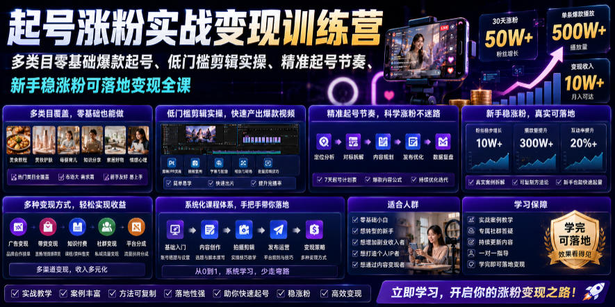 苗子起号涨粉实战变现训练营，多类目零基础爆款起号、精准起号节奏、新手稳涨粉可落地变现全课(更新0719)-佰因轻创网