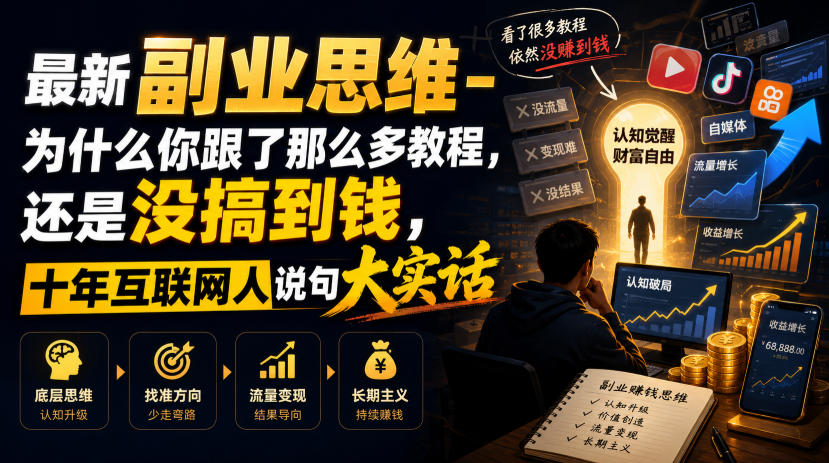 最新副业思维-为什么你跟了那么多教程,还是没搞到钱,十年互联网人说句大实话【揭秘】-佰因轻创网