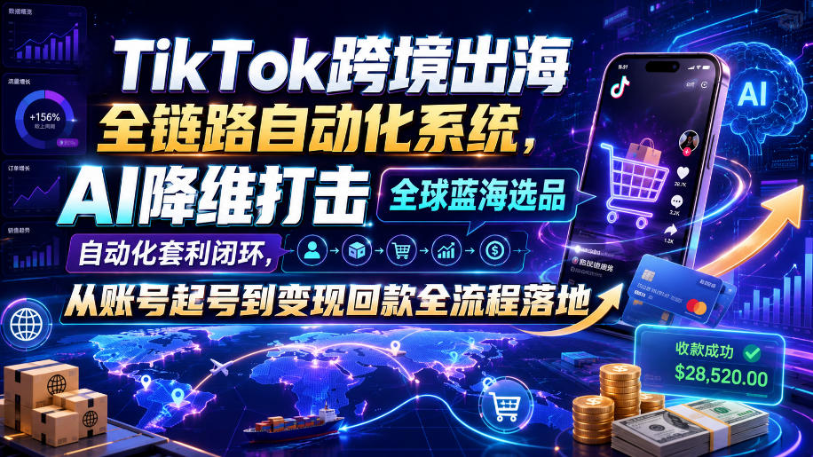 TikTok跨境出海全链路自动化系统，AI降维打击全球蓝海选品自动化套利闭环，从账号起号到变现回款全流程落地(2026年7月)-佰因轻创网