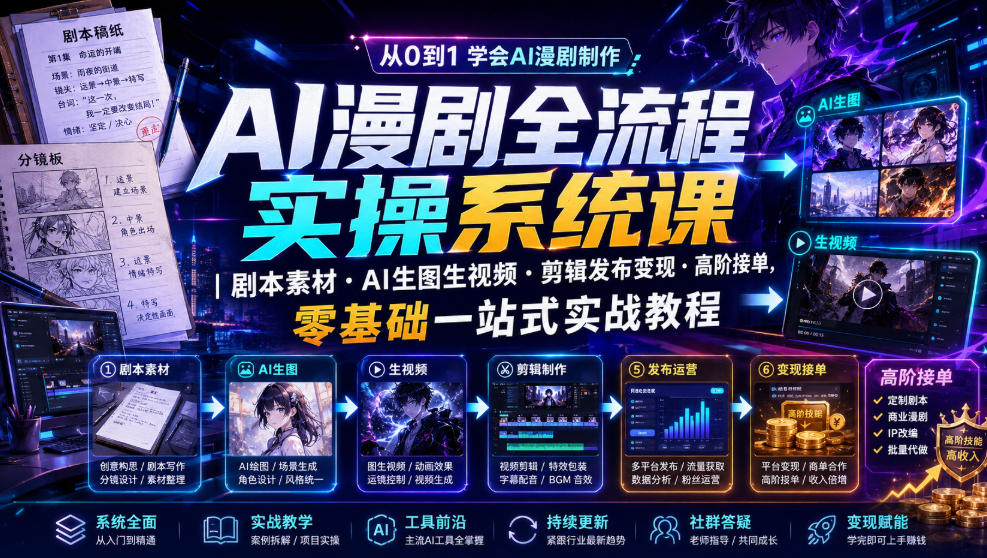 AI漫剧全流程实操系统课｜剧本素材・AI生图生视频・剪辑发布变现・高阶接单，零基础一站式实战教程-佰因轻创网