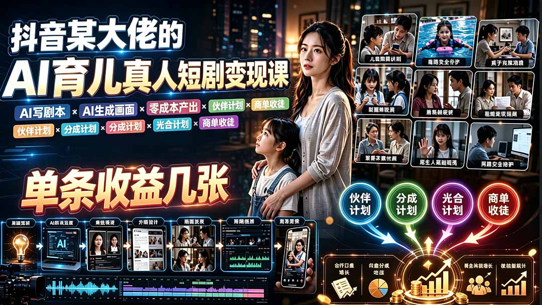 AI育儿真人短剧变现课：AI写剧本×AI生成画面×零成本产出×伙伴计划×分成计划×光合计划×商单收徒-佰因轻创网