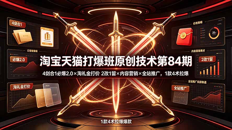 淘宝天猫打爆班原创技术第84期：4剑合1必爆2.0×淘礼金打价×2改1留×内容营销×全站推广，1款4术拉爆-佰因轻创网