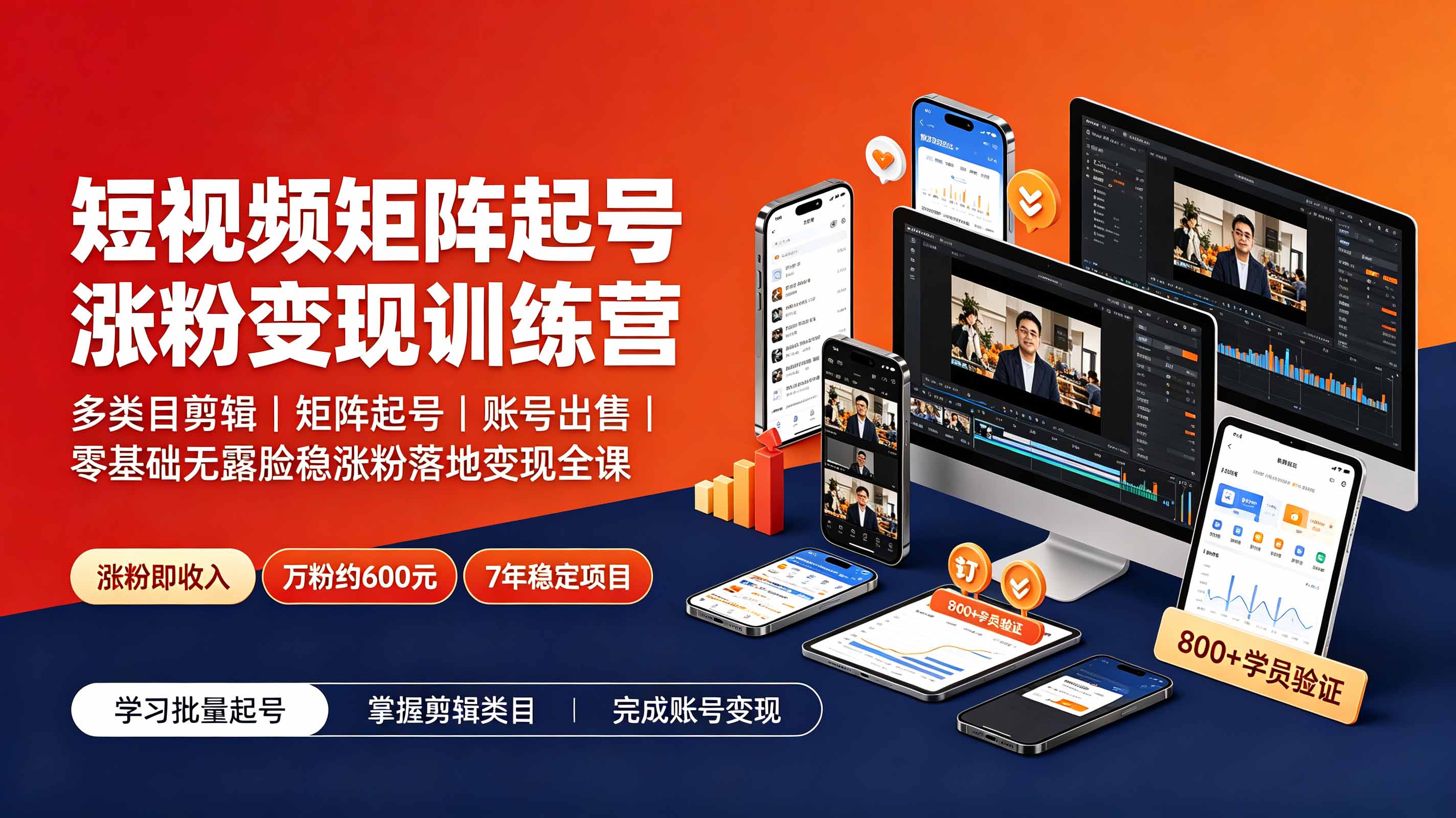 短视频矩阵起号涨粉变现训练营｜多类目剪辑·矩阵起号·账号出售，0基础无露脸稳涨粉落地变现全课-更新-佰因轻创网