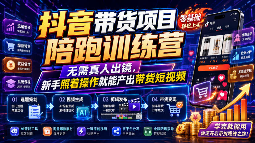 抖音带货项目陪跑训练营，无需真人出镜，新手照着操作就能产出带货短视频-佰因轻创网