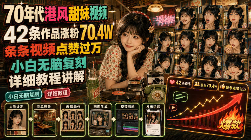 70年代港风甜妹视频，42条作品涨粉70.4W，条条视频点赞过万，小白无脑复刻，详细教程讲解-佰因轻创网