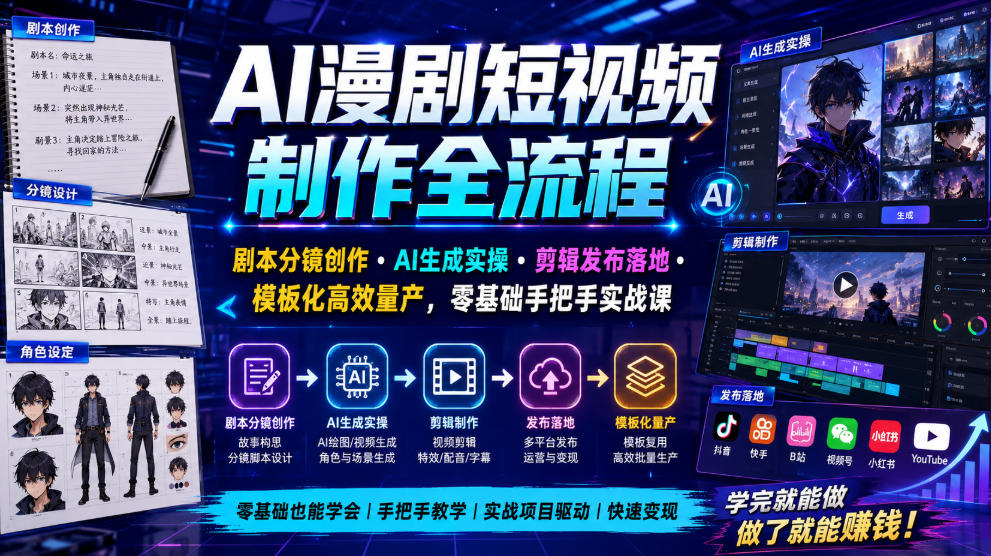 AI漫剧短视频制作全流程｜剧本分镜创作・AI生成实操・剪辑发布落地・模板化高效量产，零基础手把手实战课-佰因轻创网