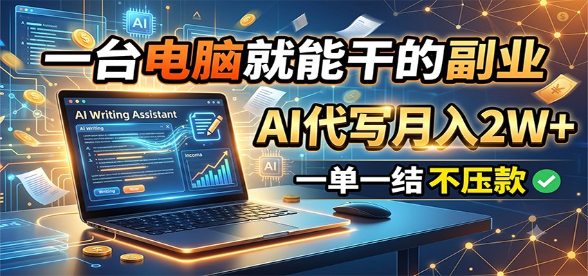 一台电脑就能干的副业，AI代写月入2W+，一单一结不压款-佰因轻创网