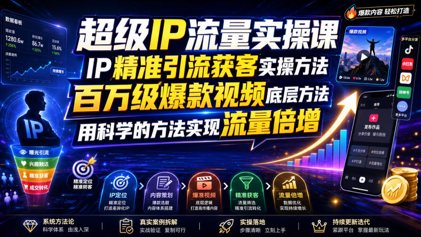 超级IP流量实操课，IP精准引流获客实操方法，百万级爆款视频底层方法，用科学的方法实现流量倍增-佰因轻创网