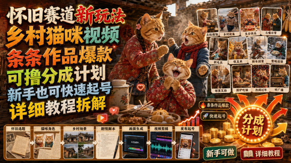 怀旧赛道新玩法，乡村猫咪视频，条条作品爆款，可撸分成计划，新手也可快速起号，详细教程拆解-佰因轻创网