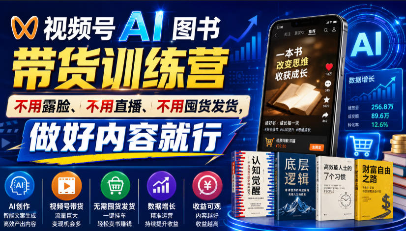 视频号AI图书带货训练营，不用露脸、不用直播、不用囤货发货，做好内容就行，一条爆款视频佣金8942-佰因轻创网