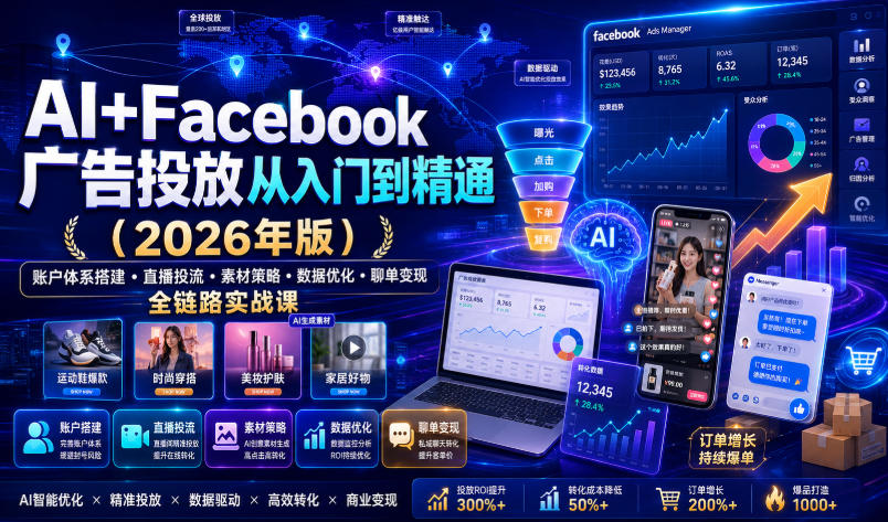 AI+Facebook广告投放从入门到精通(2026年版)｜账户体系搭建・直播投流・素材策略・数据优化・聊单变现全链路实战课-佰因轻创网
