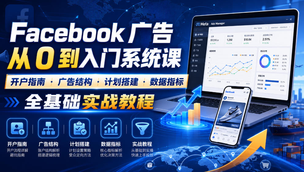 Facebook广告新手从0到入门系统课｜开户指南・广告结构・计划搭建・数据指标全基础实战教程-佰因轻创网