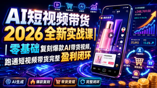 AI短视频带货2026全新实战课|零基础复刻爆款AI带货视频,跑通短视频带货完整盈利闭环-佰因轻创网