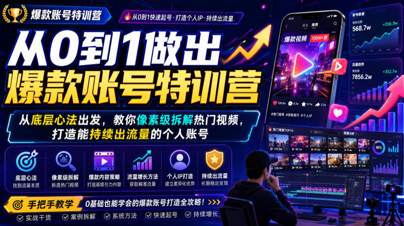 从0到1做出爆款账号特训营，从底层心法出发，教你像素级拆解热门视频，打造能持续出流量的个人账号-佰因轻创网