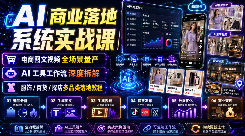 AI商业落地系统实战课｜电商图文视频全场景量产・AI工具工作流深度拆解・服饰/百货/探店多品类落地教程-佰因轻创网